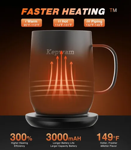 Vista 2 de Kepwam Taza de café autocalentable T2, taza de café con calefacción inteligente de 16 onzas, duración de la batería de 150 minutos, calentador
