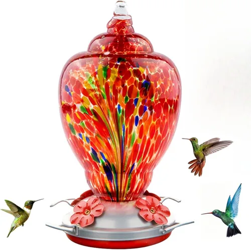 Vista 9 de WOSIBO Comedero para colibríes para exteriores, patio, grande, 32 onzas, comedero para colibríes de vidrio soplado a mano colorido con foso