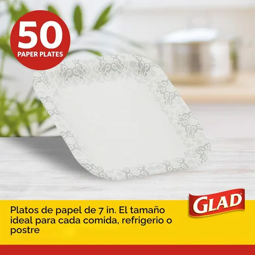 Vista 2 de Glad Platos desechables de papel cuadrados, patrón gris victoriano - Platos decorativos fuertes, robustos, impermeables y aptos para microondas