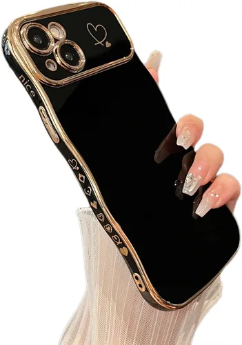 Vista 23 de ZTOFERA Funda para iPhone 11 de 6.1 pulgadas, bonita funda con marco ondulado rizado con patrón de corazón de amor, borde chapado de lujo