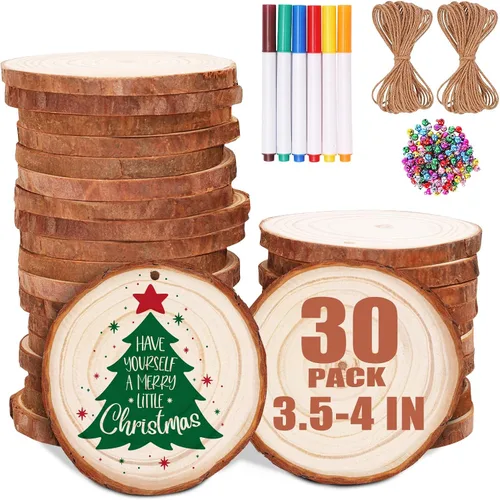 Vista 9 de Max Fun Juego de 30 rebanadas de madera natural de 2.4 a 2.8 pulgadas, adornos de Navidad sin terminar preperforados con agujero, círculos de madera