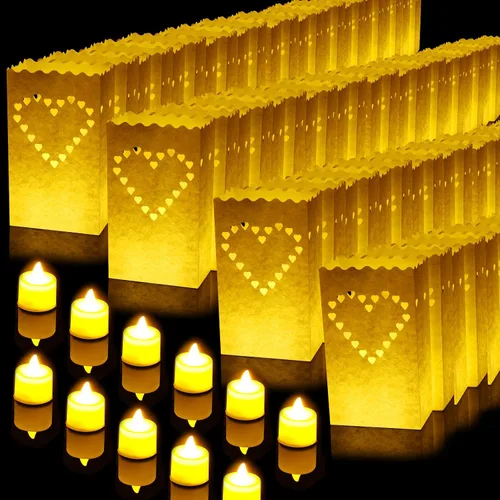 Vista 9 de Sabary Juego de 50 bolsas luminarias con velas de té sin llama, luminarias de Navidad, farol LED, bolsas para velas para cumpleaños, bodas