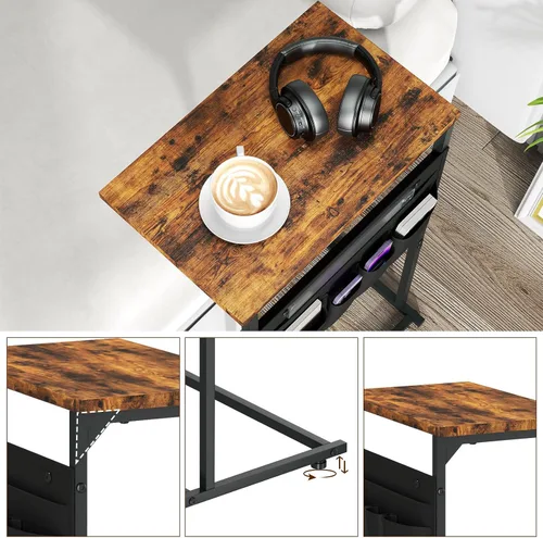 Vista 5 de Mesa auxiliar en forma de C, mesa auxiliar pequeña con bolsa de almacenamiento para sofá, mesa de sofá con marco de metal para sala de estar