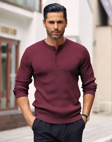 Vista 32 de COOFANDY Suéter de punto Henley para hombre, manga larga, con botones, ligero, para otoño, ajustado, acanalado
