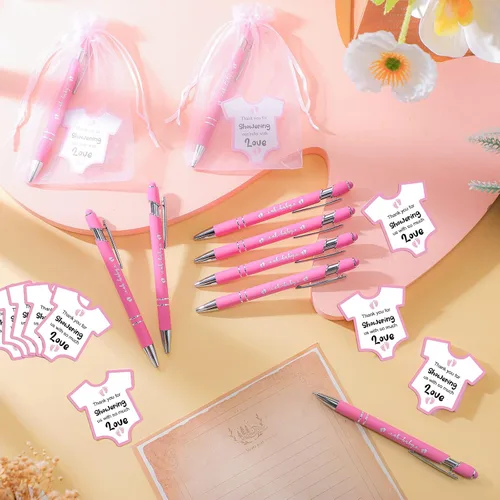 Vista 4 de Colarr Juego de 36 recuerdos de baby shower: bolígrafos rosados con tarjetas y bolsas de organza para invitados regalo y fiesta de revelación