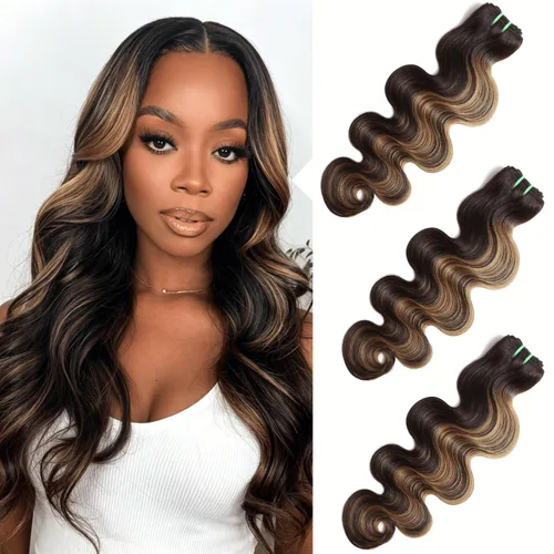 Vista 12 de Paquetes de Cabello Humano 13A Doble Extraído FB/27 Ondas del Cuerpo Color Rubio con Mechas, Rubio Miel con Negro Paquete Individual Cabello Humano