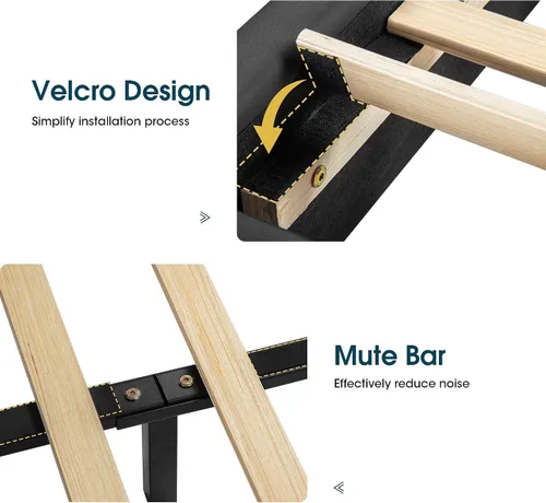 Vista 6 de WEEWAY Base de cama tamaño Queen con decoración moderna de piezas de hierro, cama de plataforma de piel sintética con cabecera ajustable curvada