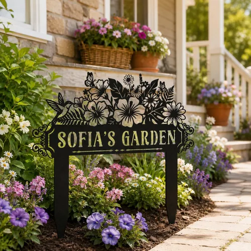 Vista 2 de Letrero de jardín personalizado con estaca, letrero de metal personalizado con nombre de jardín para exteriores, decoración de patio de flores