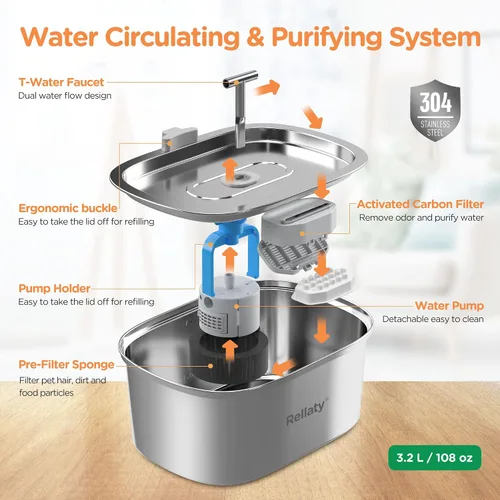 Vista 2 de Fuente de agua para gatos de acero inoxidable: fuente para mascotas de 3.2L/108 onzas, dispensador de agua para perros, suministros de alimentación