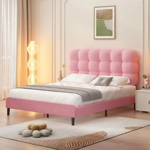 Vista 9 de Base de cama individual BarnFurin con cabecera tapizada, tela suave tipo bouclé, cama plataforma con fuerte soporte de listones de madera, diseño