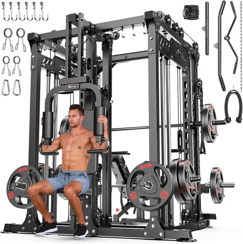 Vista 24 de XGSW Smith Machine Gimnasio en casa, jaula de potencia multifunción con sistema cruzado de cable de polea doble, estante para sentadillas para L06