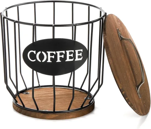 Vista 3 de yarlung Soporte para cápsulas de café con tapa, soporte para tazas K de gran capacidad con base de madera rústica, cesta de almacenamiento de café