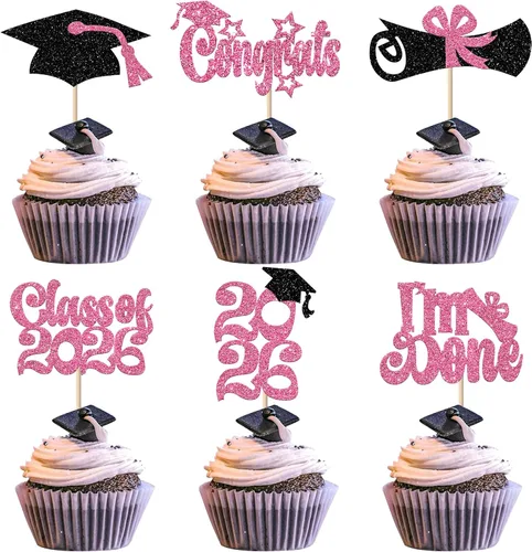 Vista 18 de Paquete de 24 adornos para cupcakes de graduación 2025 con purpurina I Am Done Diploma Felicidades Graduado Cap Cupcake Picks Class Of 2025