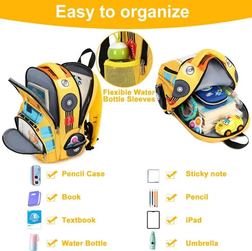 Vista 5 de LEDAOU Mochila escolar para niños y niñas con correa para el pecho, Autobús Amarillo, Mochilas Daypack