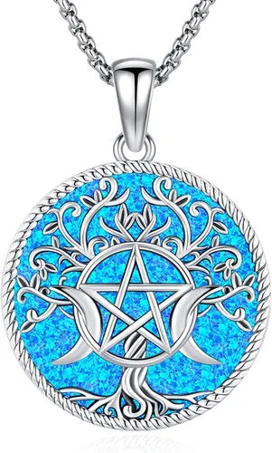 Vista 167 de Collar de pentagrama de plata de ley con triple luna, diosa celta, nudo celta, nudo de brujas, Ankh, sol y luna, Hécate, lilith, Santa Muerte