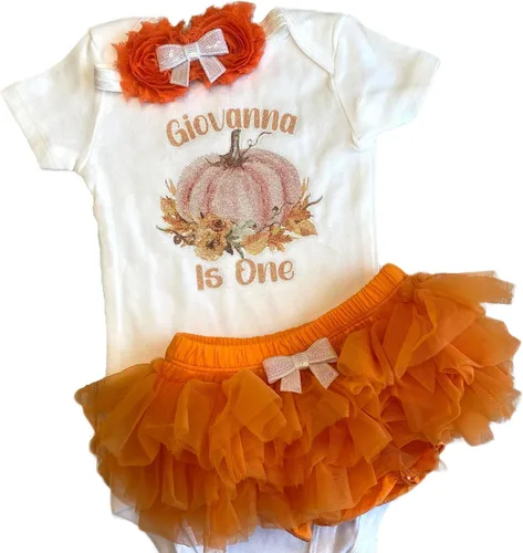 Vista 7 de First Birthday Pumpkin Baby Girl Personalized Name Bodysuit This Pumpkin is One Optional Accessories