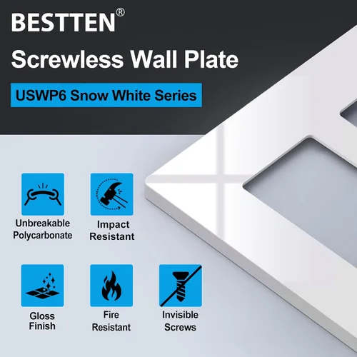 Vista 2 de BESTTEN Placa de pared sin tornillos de 5 segmentos, cubierta de enchufe decorador, placa decorativa para interruptor, serie blanca nieve brillante