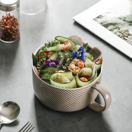 Vista 4 de Tazón de sopa de cerámica con asa, 38 onzas, apto para microondas, color gris Extra Large Mug for Oatmeal, Cereal, Breakfast, Meal Prep, Work