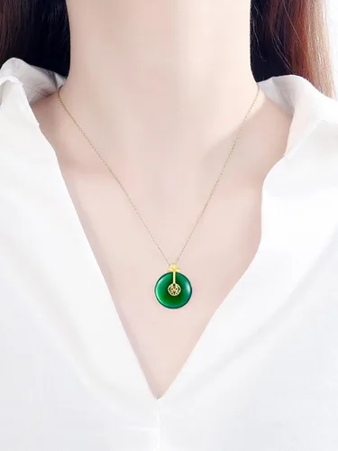 Vista 5 de Chapado en oro de 18 quilates hecho a mano S925 de plata de ley hetian jade verde buena suertefortunacírculo de bendiciónRuyi LockLucky Koi