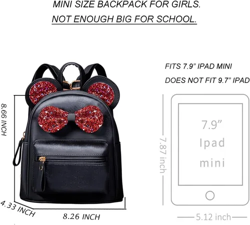 Vista 5 de Sunwel Fashion Mini mochila de viaje con orejas de ratón para niñas adolescentes con lazo de lentejuelas y pompones, Arco negrorojo, Mochila