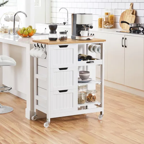 Vista 10 de Yaheetech Carrito de Isla de Cocina con Ruedas, Carrito de Almacenamiento Rodante con Encimera de Bambú, 3 Cajones, 3 Estantes Extraíbles y Ruedas