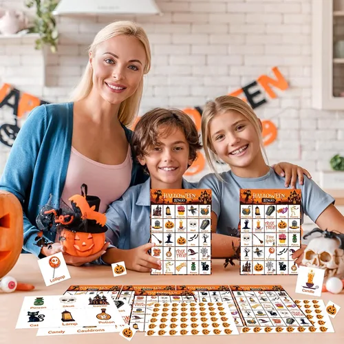 Vista 7 de V-Opitos Tarjeta de juego de bingo de Halloween de gran tamaño para niños y adultos, 6 x 8.5 pulgadas, 28 jugadores, juegos de Halloween