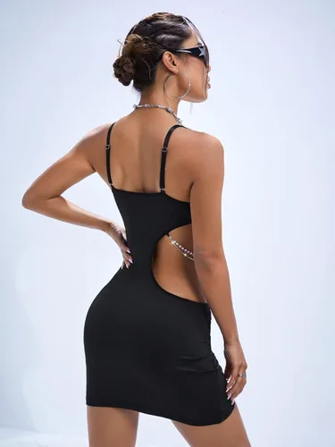 Vista 2 de SHENHE Vestido ajustado con tirantes delgados y laterales fruncidos para mujer, con tirantes delgados, sin mangas, mini vestido cruzado