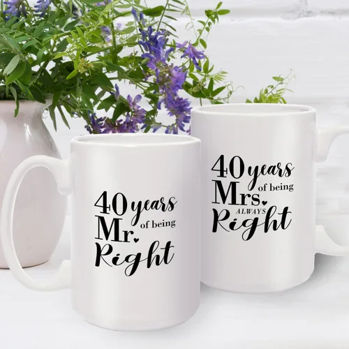 Vista 6 de Canopy Street Juego de tazas de 40 aniversario / 40 Years Mr. And Mrs. Always Right Tazas de café / Tazas de aniversario de 15 onzas/divertido