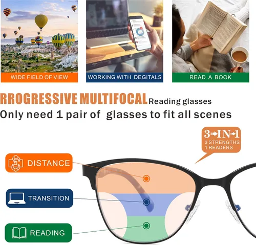 Vista 3 de Gafas de lectura progresivas multifocales para mujer con forma de ojo de gato, sin líneas, multienfoque, transición, bloqueo de luz azul, dama