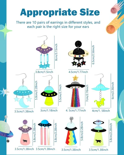 Vista 2 de 10 pares de aretes de extraterrestres OVNI, aretes acrílicos espaciales extraños para mujer, diseño de platillo volador, aretes colgantes de OVNI