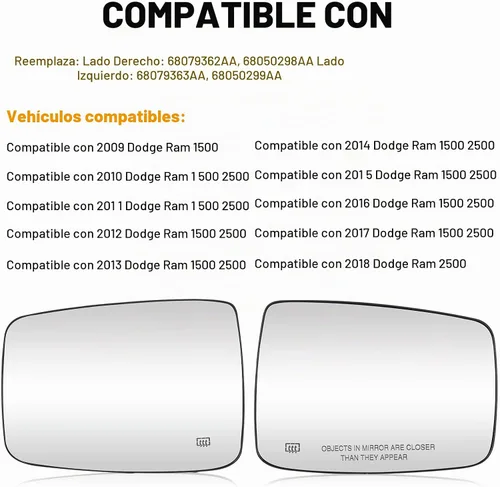 Vista 6 de Espejo Lateral Calentado para Conductor Izquierdo y Pasajero Derecho con Placa de Soporte Compatible con Dodge Ram 1500 2009-2017, Ram 2500