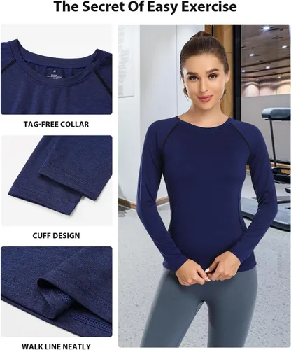 Vista 5 de Ullony Camiseta de manga larga para mujer que absorbe la humedad, camiseta de entrenamiento de manga larga para mujer, ajuste seco, yoga, atletismo