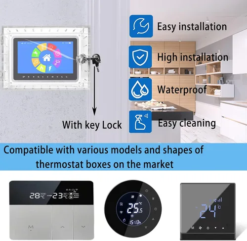 Vista 7 de Caja de bloqueo universal para termostato con llave, protector de termostato grande transparente para termostato en pared, cubierta de termostato se