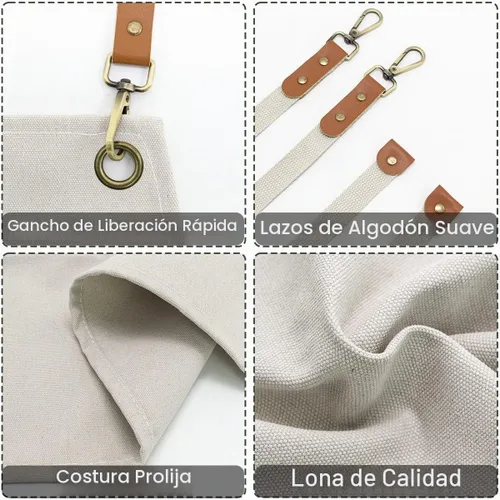 Vista 3 de Delantal para hombres y mujeres con bolsillos, lona de algodón, espalda cruzada, resistente, ajustable, delantal de trabajo Beige