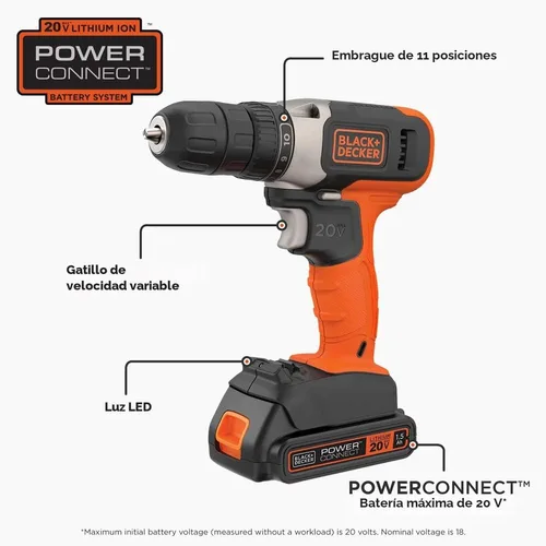 Vista 2 de BLACK+DECKER Kit de taladro inalámbrico de 20V MAX con batería, cargador, incluye broca de taladro de doble cara (BCD702C1)