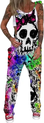Vista 49 de PAODIKUAI Overol casual con estampado de calavera para mujer, overol suelto con bolsillos