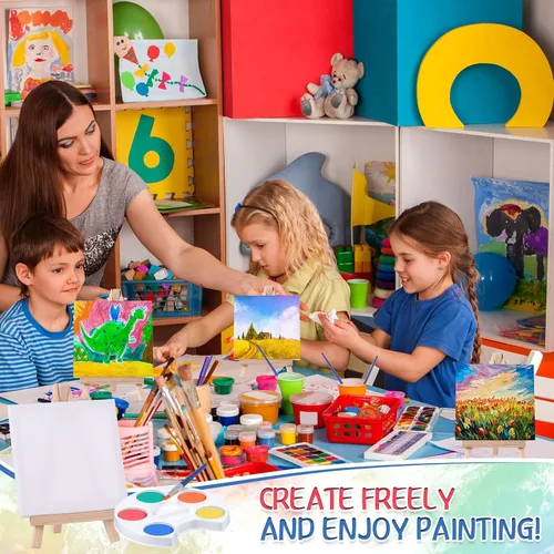 Vista 4 de Crtiin Mini juego de pintura de acuarela, regalos de 4 x 4 pulgadas, pequeños kits de pintura en lienzo con pinturas de caballete, pincel, fiesta
