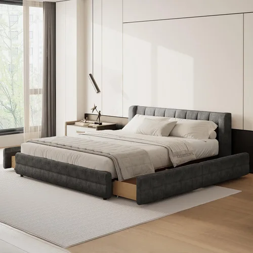 Vista 18 de Marco de cama tamaño Queen con cabecero suave tipo nube, base de cama de madera con tapizado de chenilla, no necesita somier - Beige Marco de cama