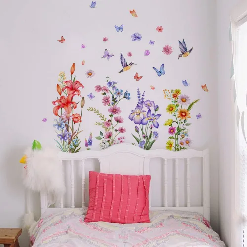 Vista 2 de Calcomanías de pared de plantas botánicas de rosas, 2 hojas de flores, mariposas, calcomanías de pared de PVC extraíbles para niñas, dormitorio Tipo