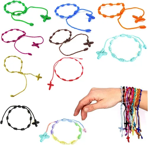 Vista 4 de UoYu - Juego de 10 pulseras de cruz rosario hechas a mano, pulseras decenarios, Nailon