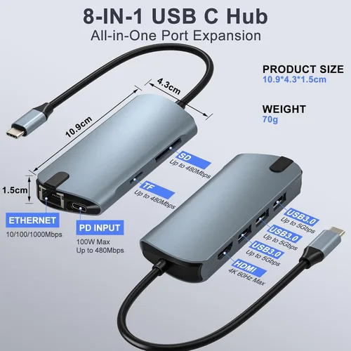 Vista 2 de Adaptador USB C Hub 8 en 1 Ethernet 4K HDMI para portátiles 4K @60Hz HDMI, 100W PD, 3x USB 3.0, 1Gbps Ethernet, lector SD/TF, para Mac/iPad/PC