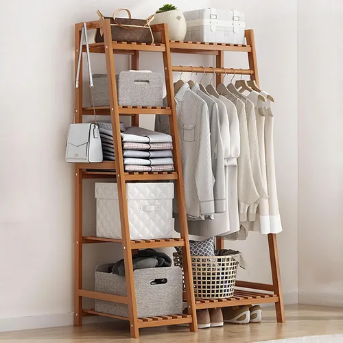 Vista 10 de Perchero de bambú para ropa, con estantes de almacenamiento y ganchos, organizador de almacenamiento de ropa abierto para entrada, dormitorio, sala