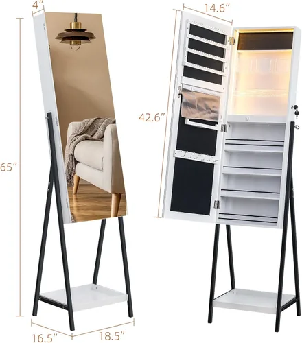 Vista 2 de Bonnlo Armario de joyería de cuerpo entero, armario de joyería con cerradura con luz LED, caja de joyería independiente, organizador de gran