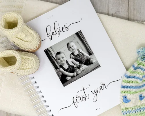 Vista 3 de Personalized Twin Baby Memory Book - Hardcover First Year Album Customized with Babies’ Names - Prompted Baby Journal (Blue Mountains)