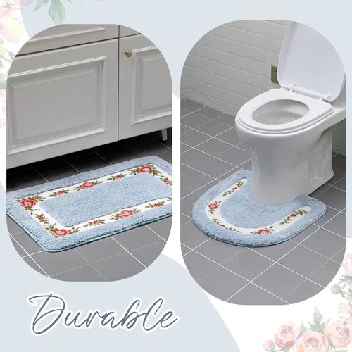 Vista 5 de Drydiet Juego de 3 alfombras de baño con rosas y flores coquetas, decoración floral para baño, dormitorio, sala de estar, tapete de baño floral Azul
