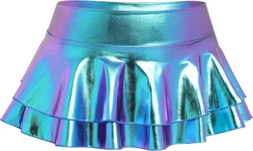 Vista 3 de Conjunto de ropa de fiesta para mujer, con tirantes holográficos, top halter con volantes, minifalda metálica para festivales