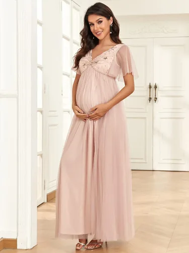Vista 3 de Ever-Pretty Vestido de maternidad para sesión de fotos de maternidad con cuello en V y lentejuelas plisadas con mangas con volantes para mujer