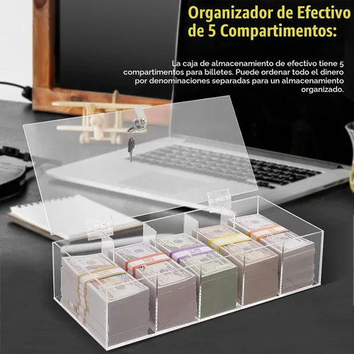 Vista 3 de Bandeja de monedas con bloqueo de acrílico con 300 envoltorios de moneda, 5 compartimentos, caja de almacenamiento de dinero transparente
