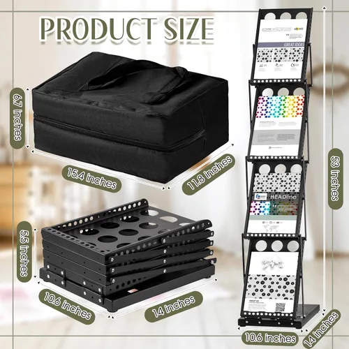 Vista 2 de Tatuo Estante plegable para revistas, catálogo de metal, portátil, 4 bolsillos con bolsa de transporte, soporte para folletos, soporte