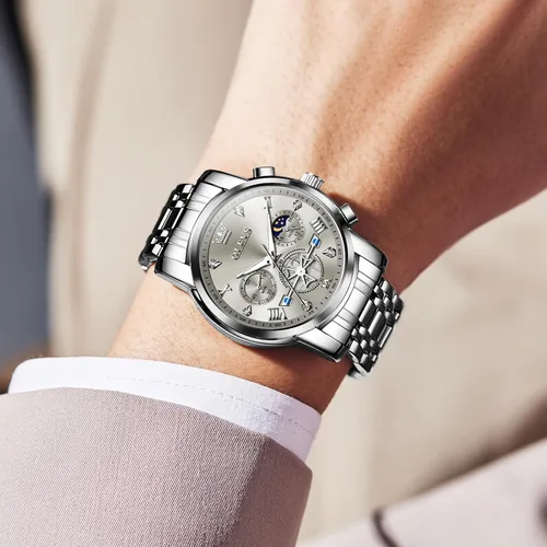 Vista 8 de OLEVS Relojes para hombre de acero inoxidable con cronógrafo, reloj de pulsera grande analógico de cuarzo, relojes de vestir impermeables de moda